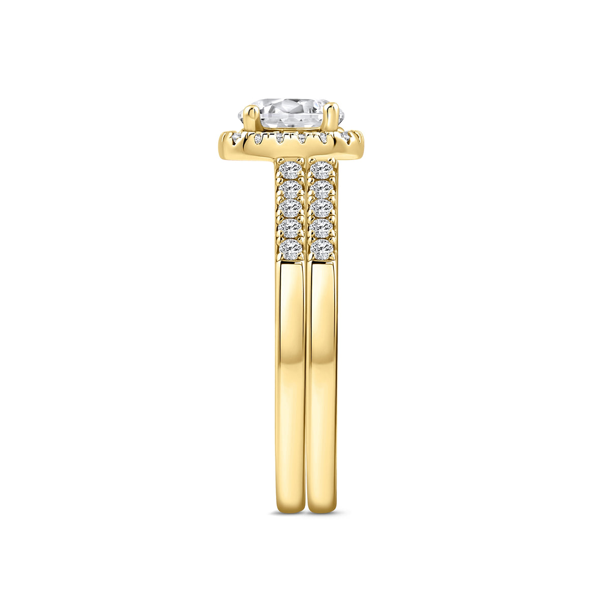 gold 1.5 carat round cut cushion halo wedding ring set on a white background