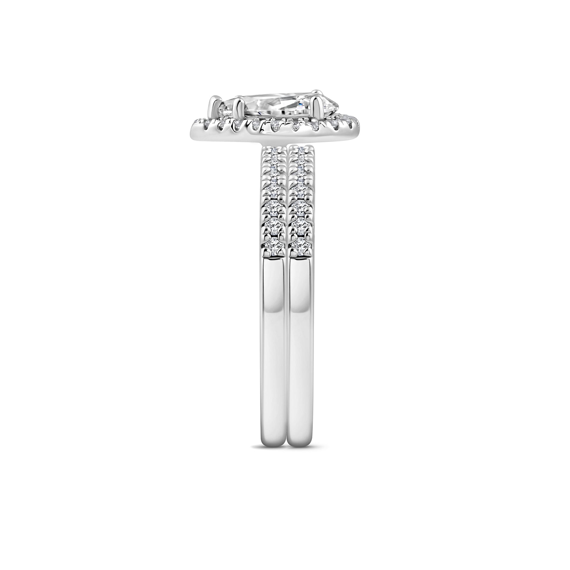 silver 2 carat pear cut halo wedding ring set on white background