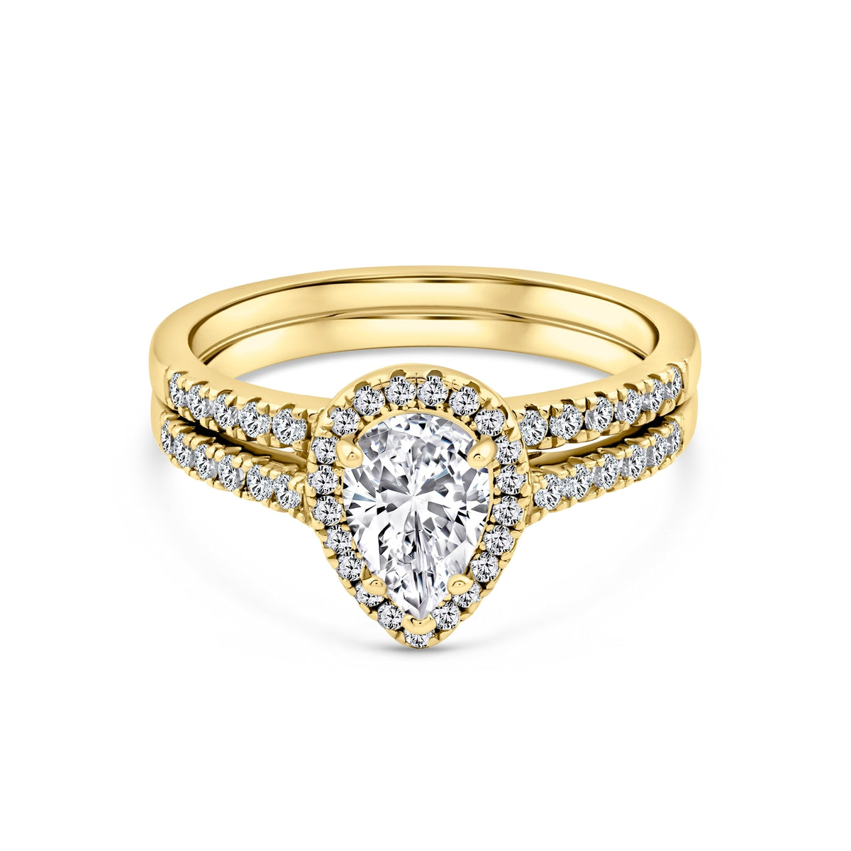 gold 2 carat pear cut halo wedding ring set on white background