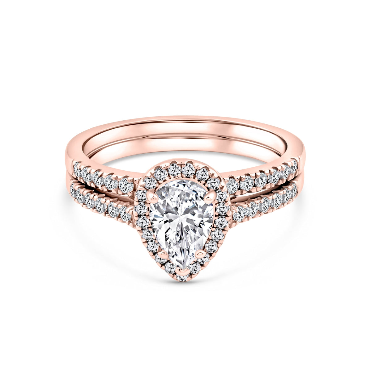 rose gold 2 carat pear cut halo wedding ring set on white background