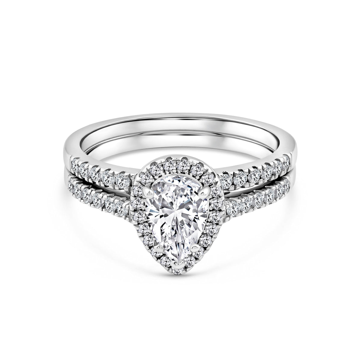 silver 2 carat pear cut halo wedding ring set on white background