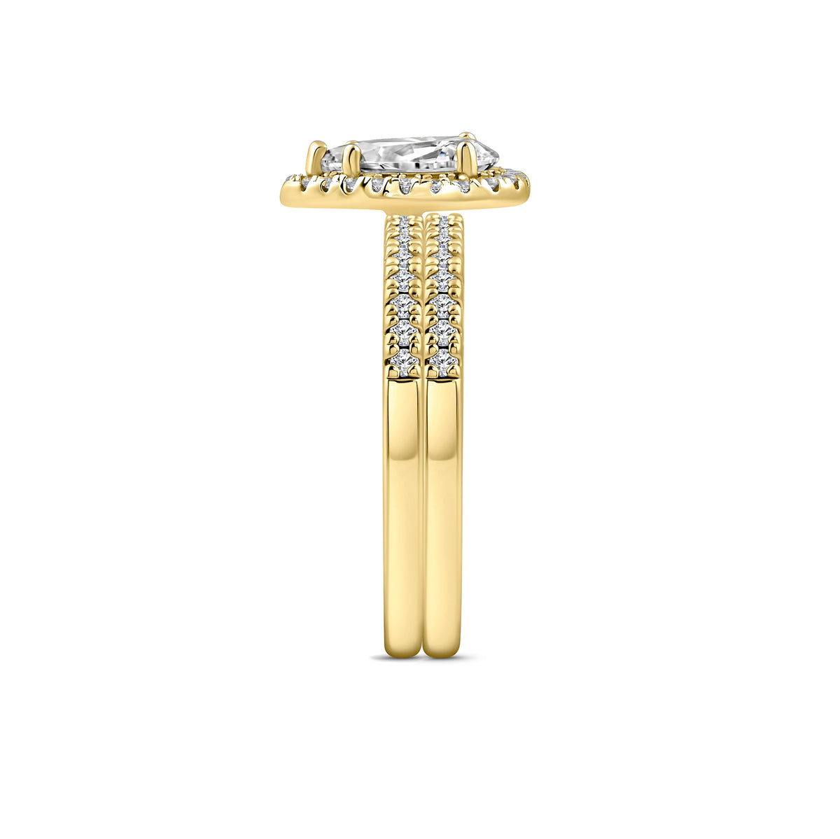 gold 2 carat pear cut halo wedding ring set on white background