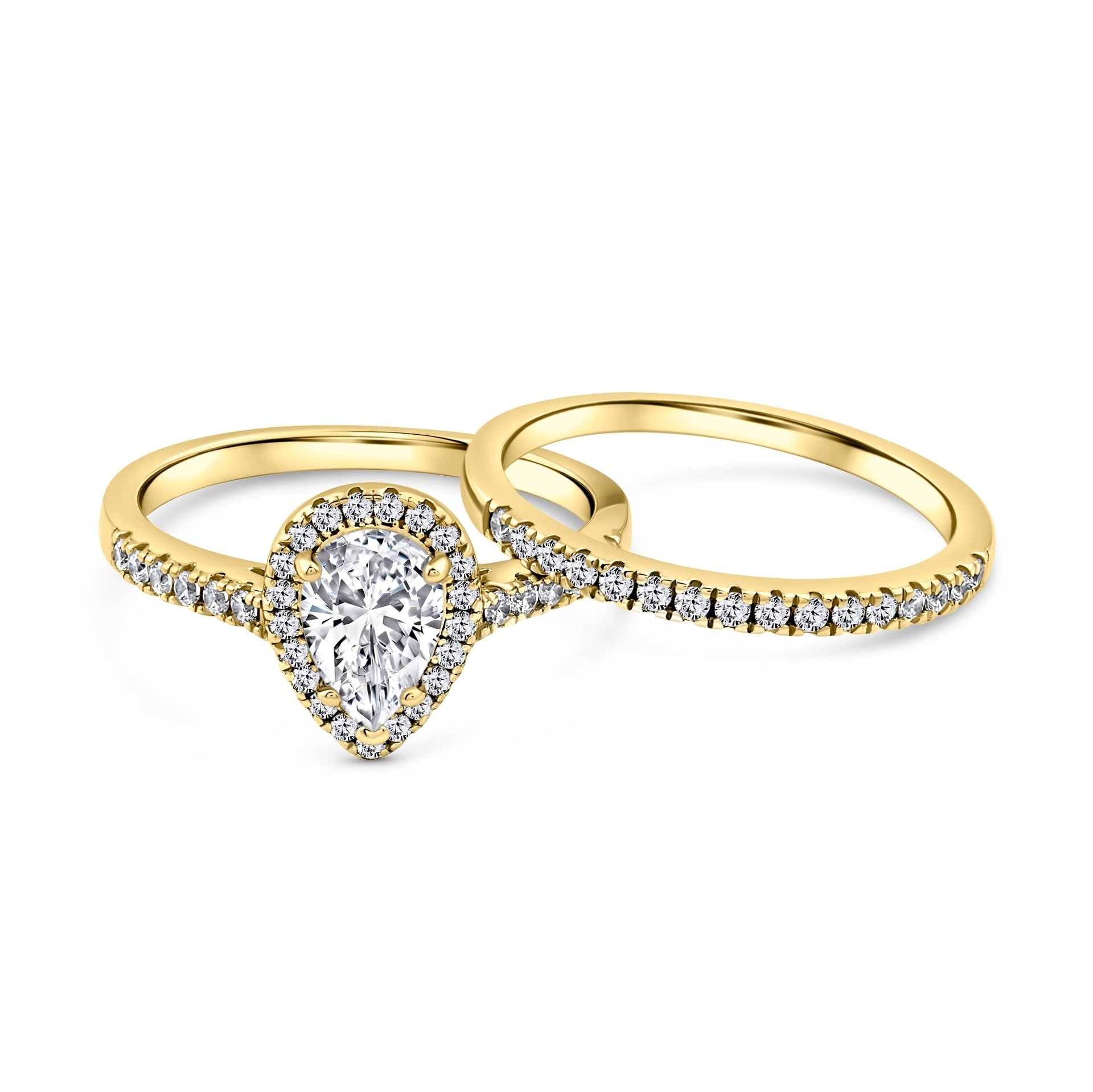 gold 2 carat pear cut halo wedding ring set on white background