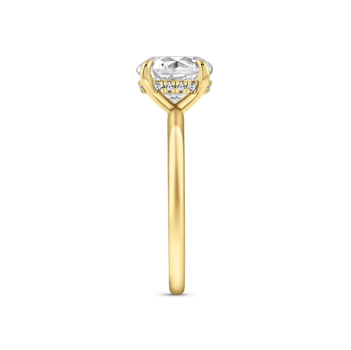 gold 3 carat round cut hidden halo solitaire engagement ring on white background