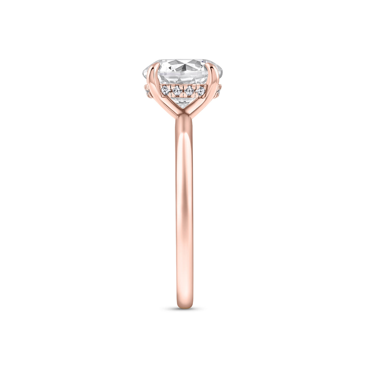 rose gold 3 carat round cut hidden halo solitaire engagement ring on white background