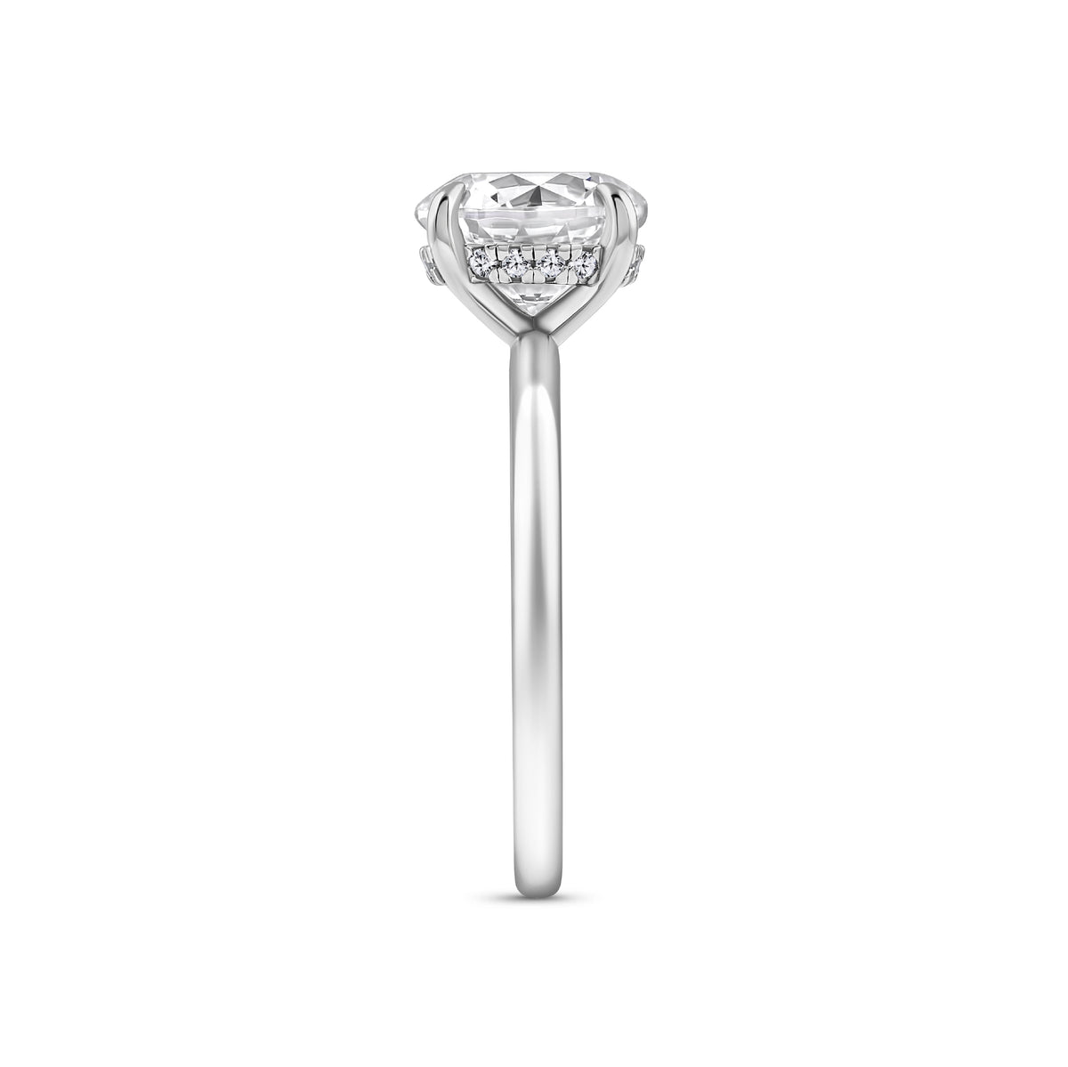 silver 3 carat round cut hidden halo solitaire engagement ring on white background