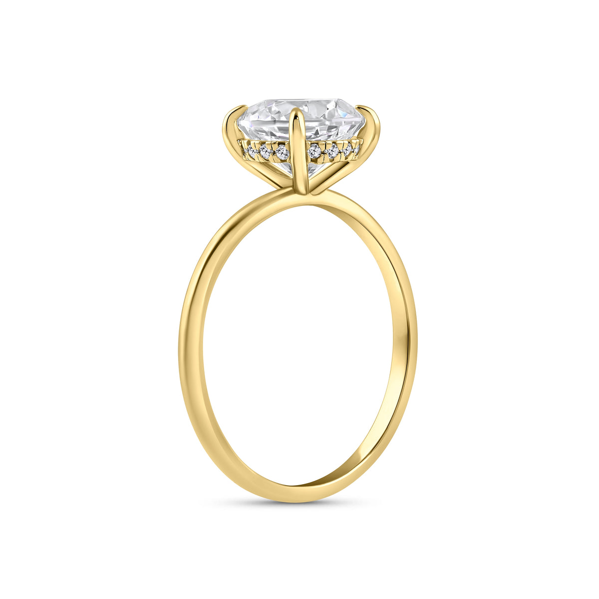 gold 3 carat round cut hidden halo solitaire engagement ring on white background