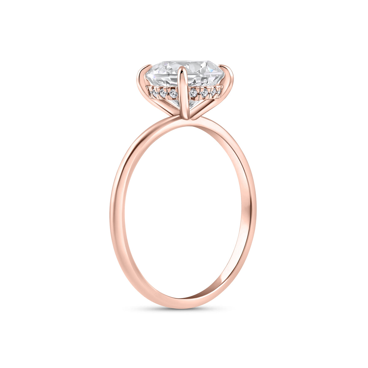 rose gold 3 carat round cut hidden halo solitaire engagement ring on white background