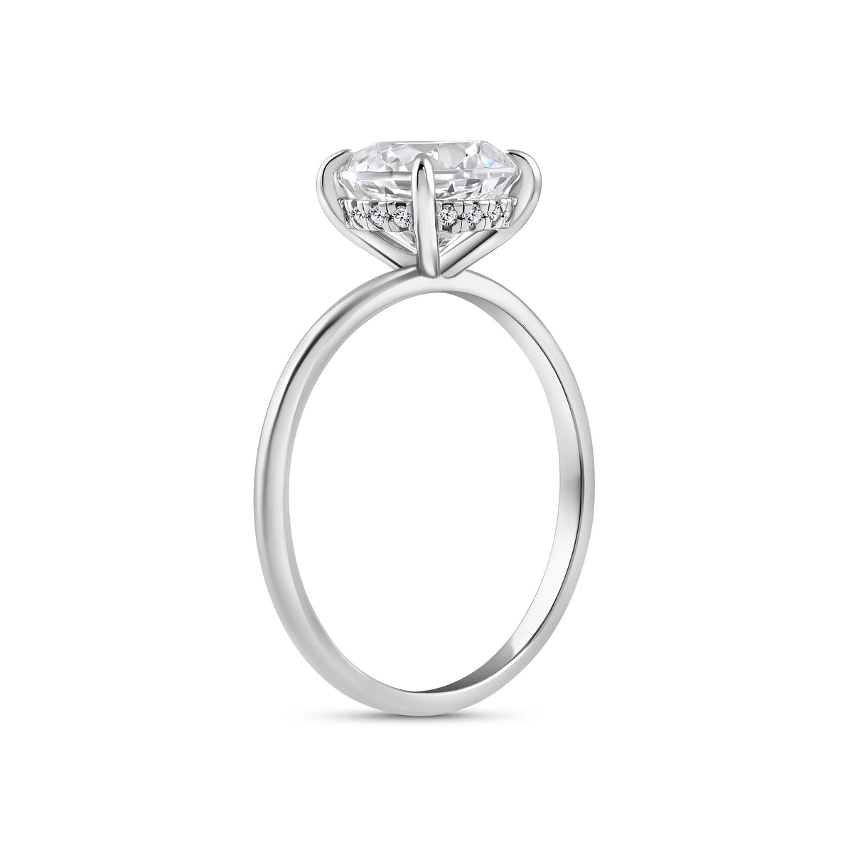 silver 3 carat round cut hidden halo solitaire engagement ring on white background