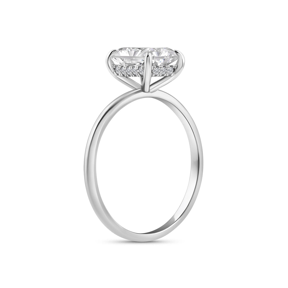 silver 3 carat radiant cut hidden halo solitaire engagement ring on a white background