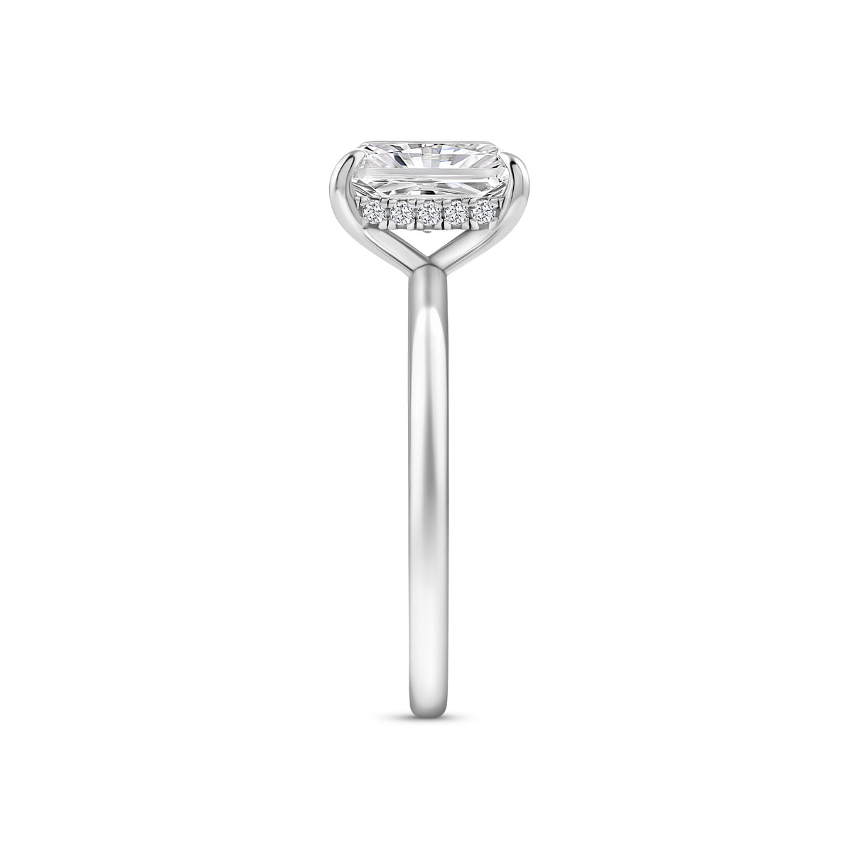silver 3 carat radiant cut hidden halo solitaire engagement ring on a white background