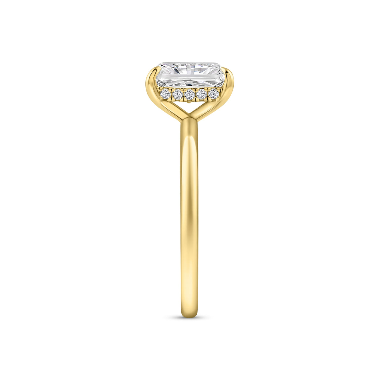 gold 3 carat radiant cut hidden halo solitaire engagement ring on a white background