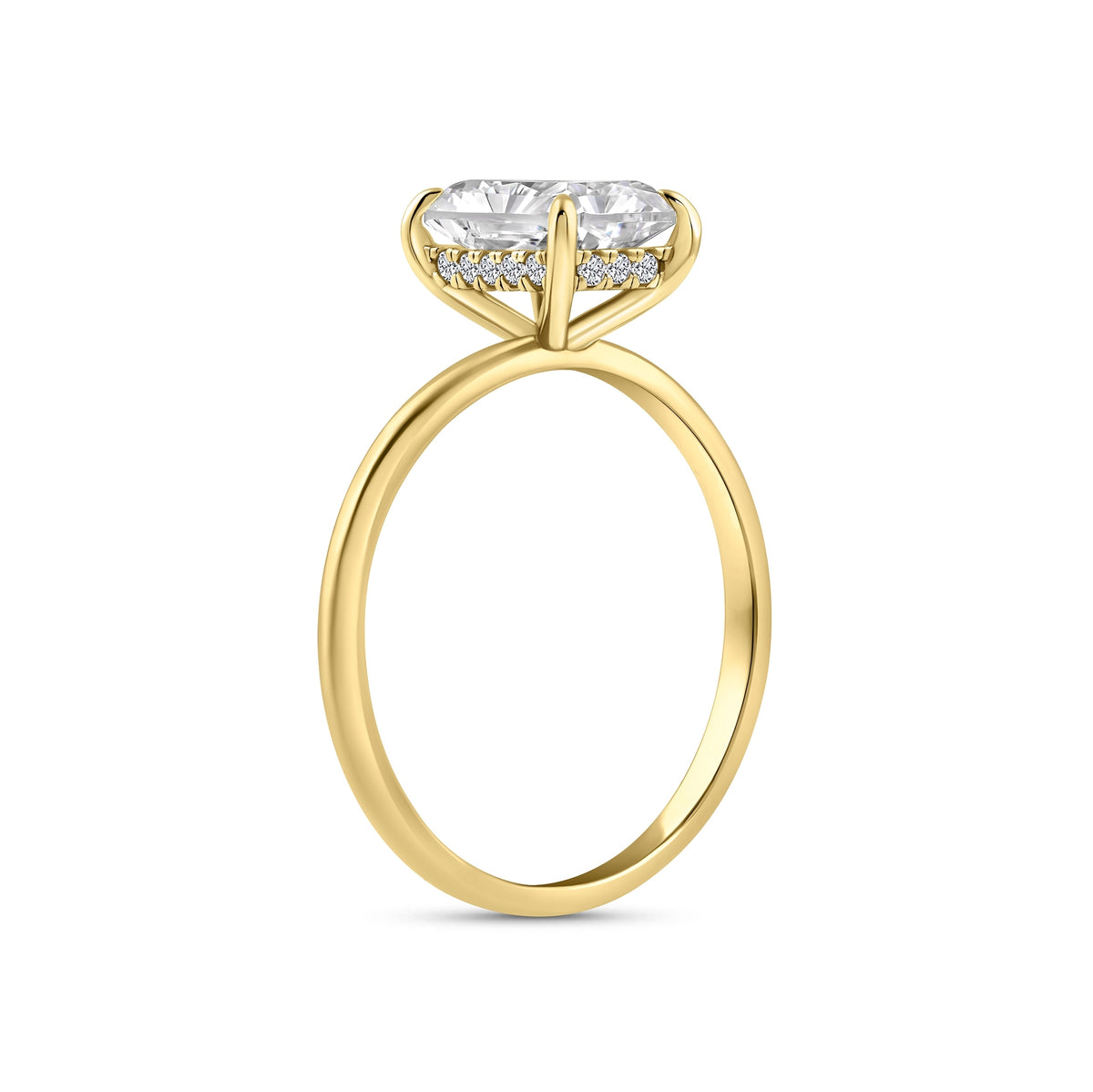 gold 3 carat radiant cut hidden halo solitaire engagement ring on a white background