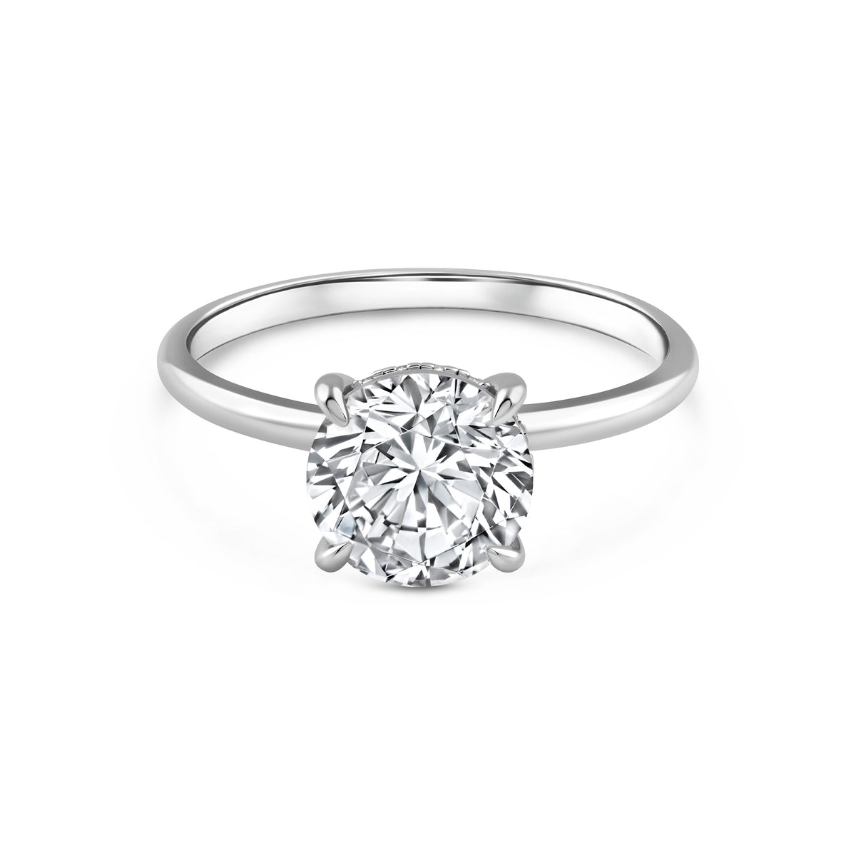 silver 3 carat round cut hidden halo solitaire engagement ring on white background