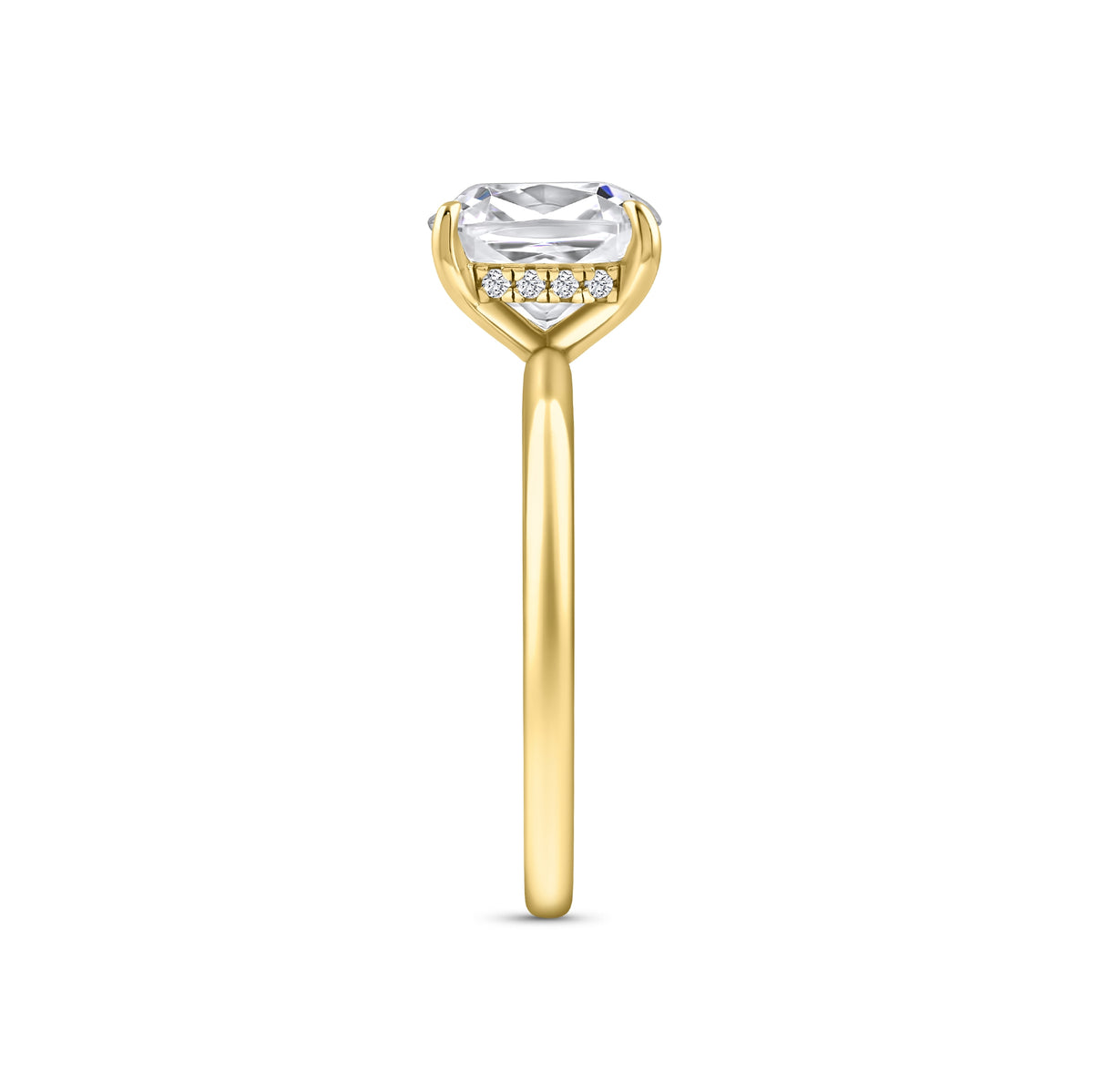 gold 3.5 carat cushion cut hidden halo solitaire engagement ring on a white background