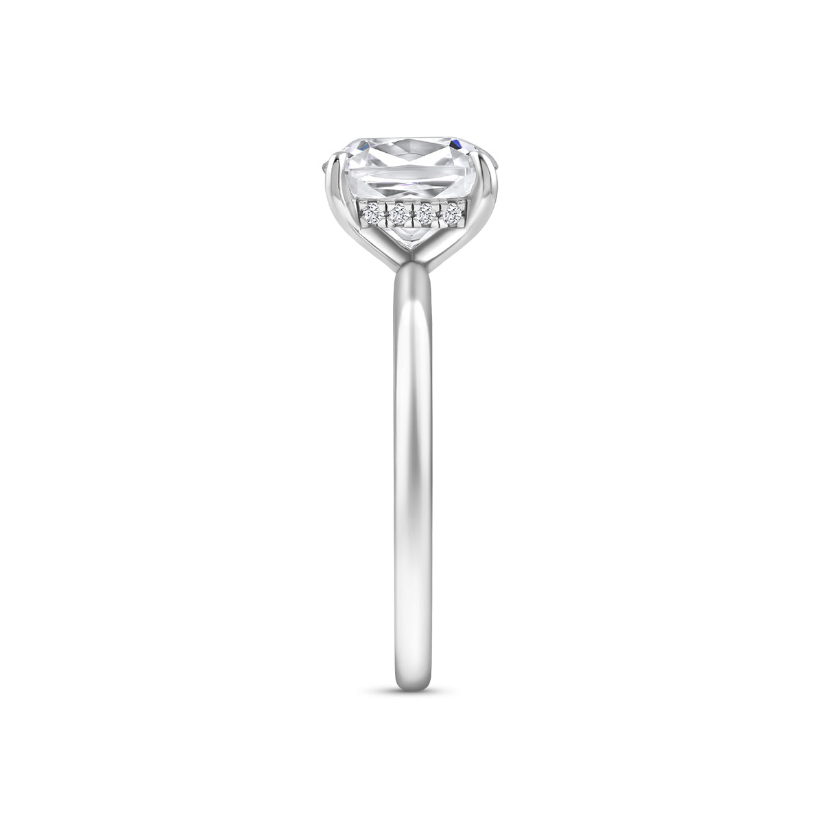 silver 3.5 carat cushion cut hidden halo solitaire engagement ring on a white background