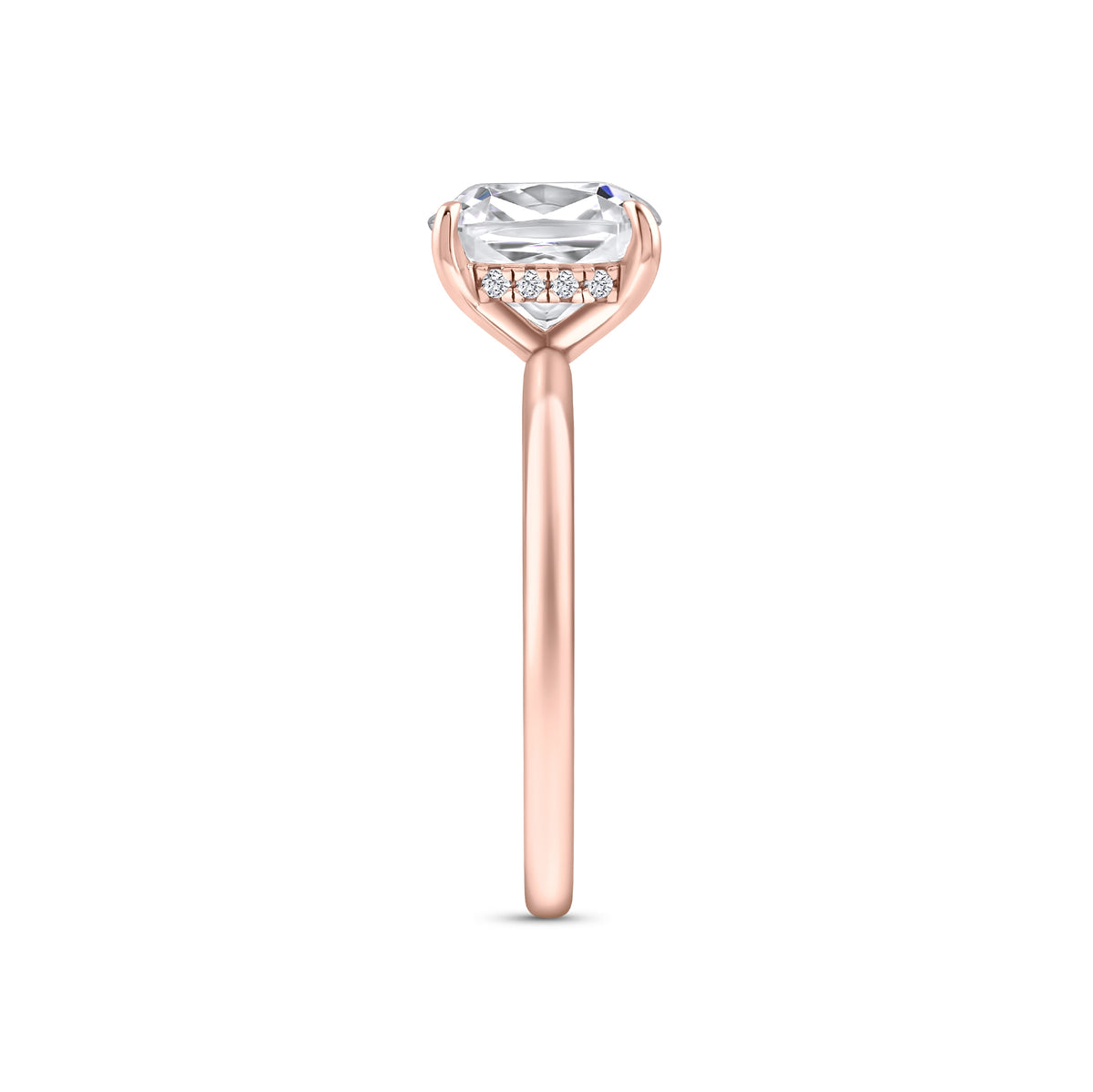 rose gold 3.5 carat cushion cut hidden halo solitaire engagement ring on a white background