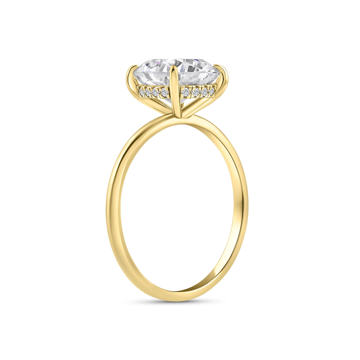 gold 3.5 carat cushion cut hidden halo solitaire engagement ring on a white background