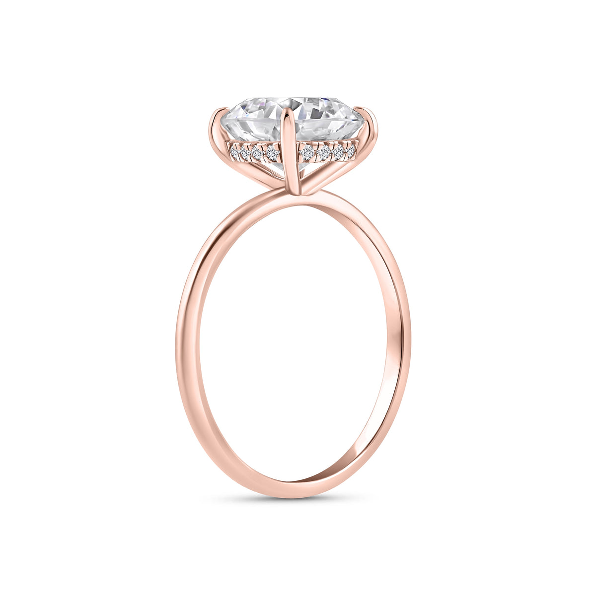 rose gold 3.5 carat cushion cut hidden halo solitaire engagement ring on a white background