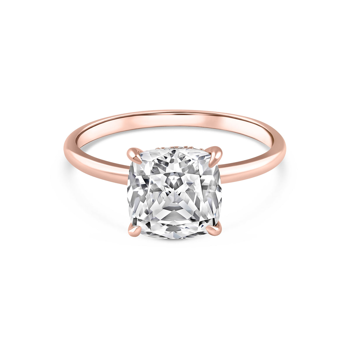 rose gold 3.5 carat cushion cut hidden halo solitaire engagement ring on a white background