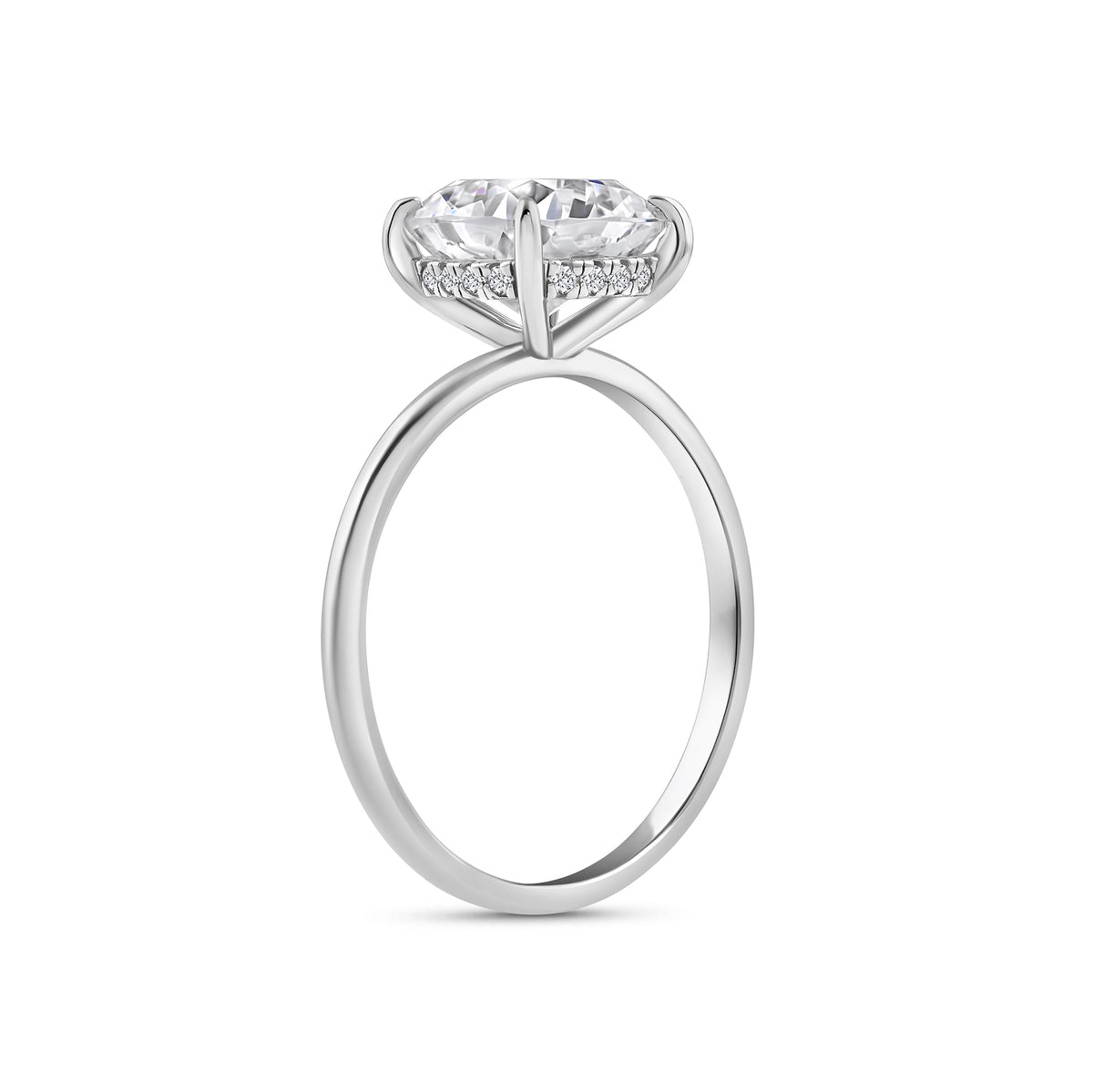 silver 3.5 carat cushion cut hidden halo solitaire engagement ring on a white background