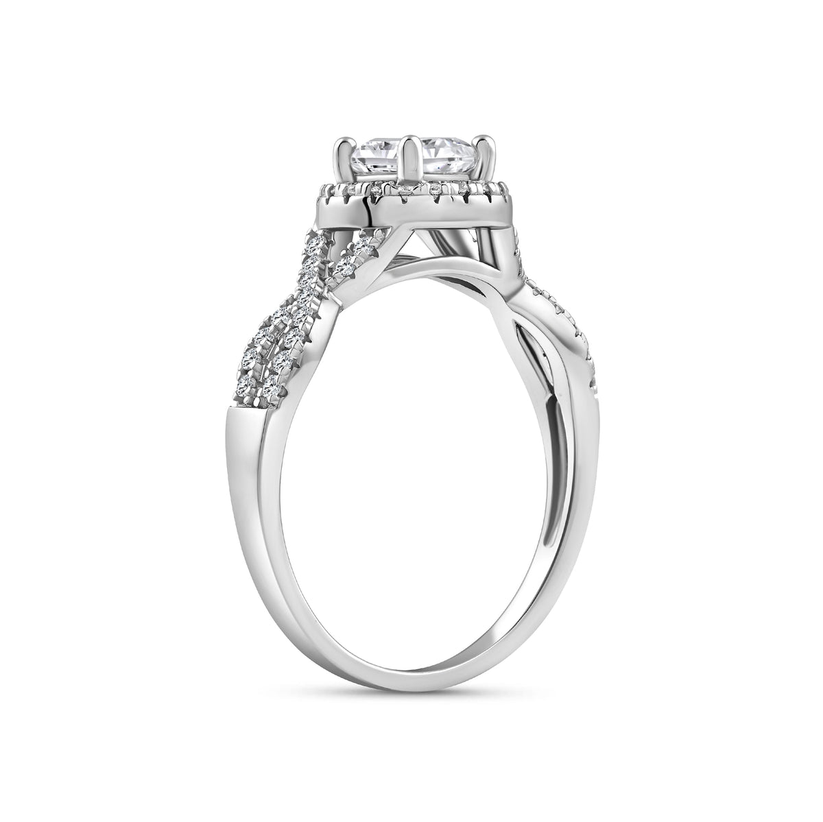 silver 1.5 carat round cut halo vintage inspired engagement ring on a white background