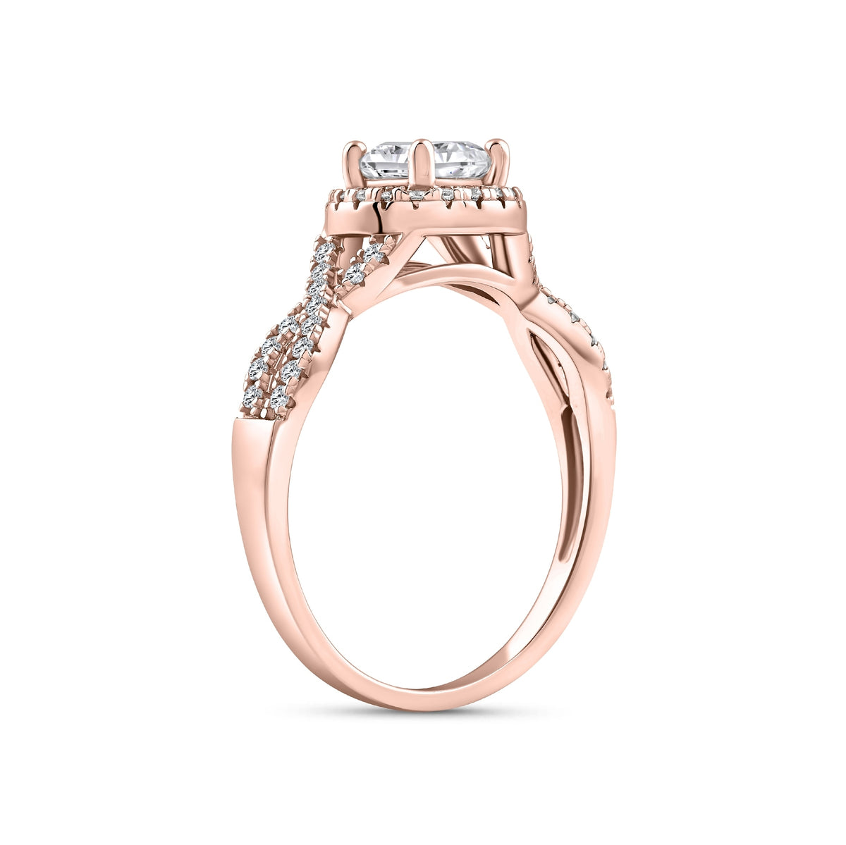 rose gold 1.5 carat round cut halo vintage inspired engagement ring on a white background