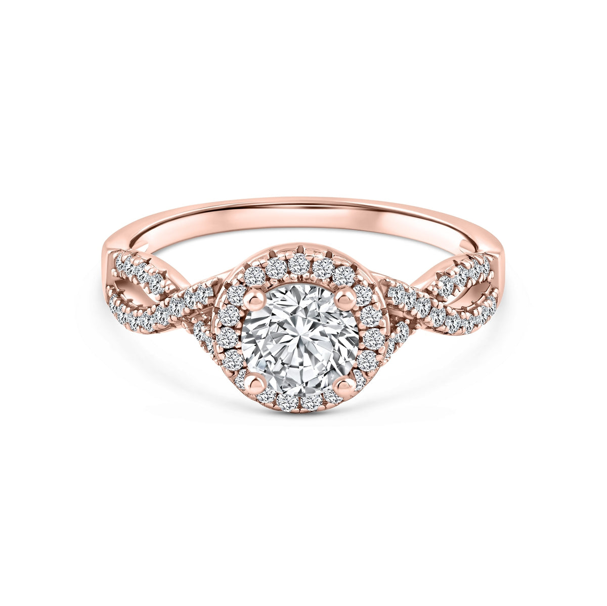 rose gold 1.5 carat round cut halo vintage inspired engagement ring on a white background