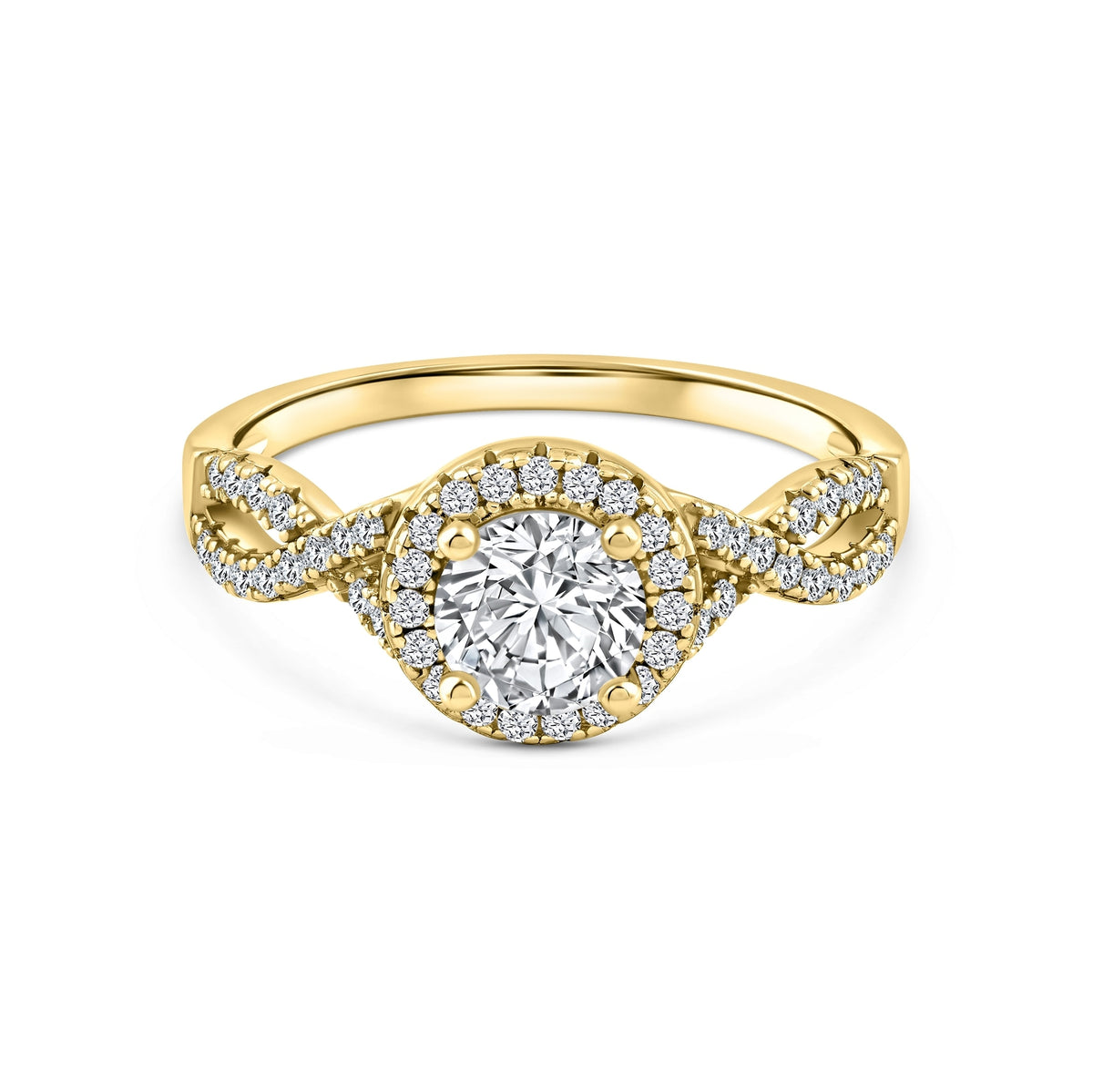 gold 1.5 carat round cut halo vintage inspired engagement ring on a white background