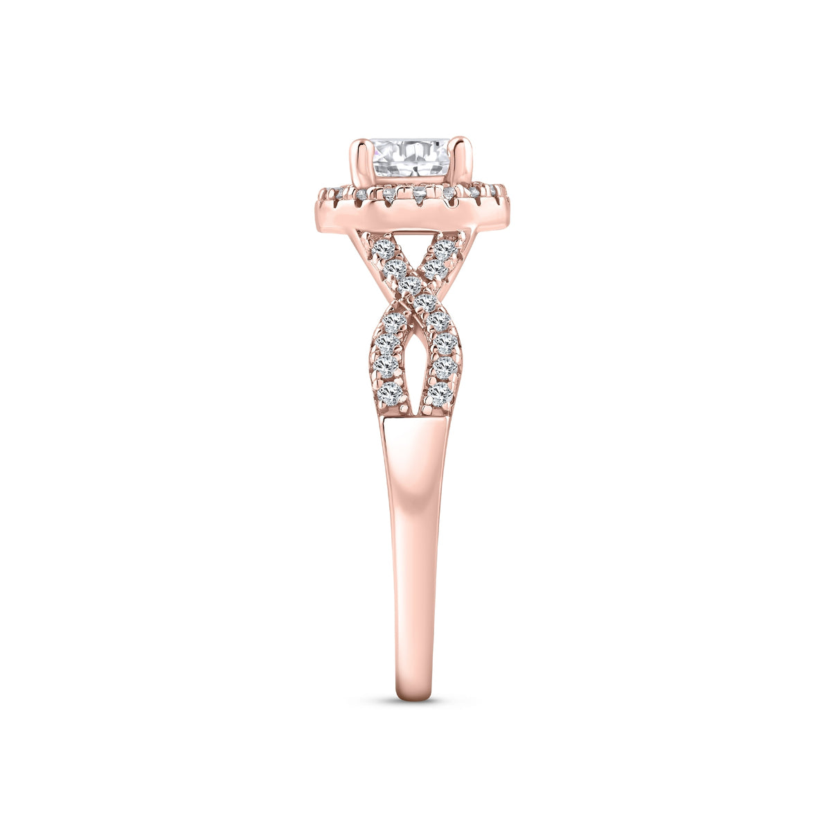 rose gold 1.5 carat round cut halo vintage inspired engagement ring on a white background