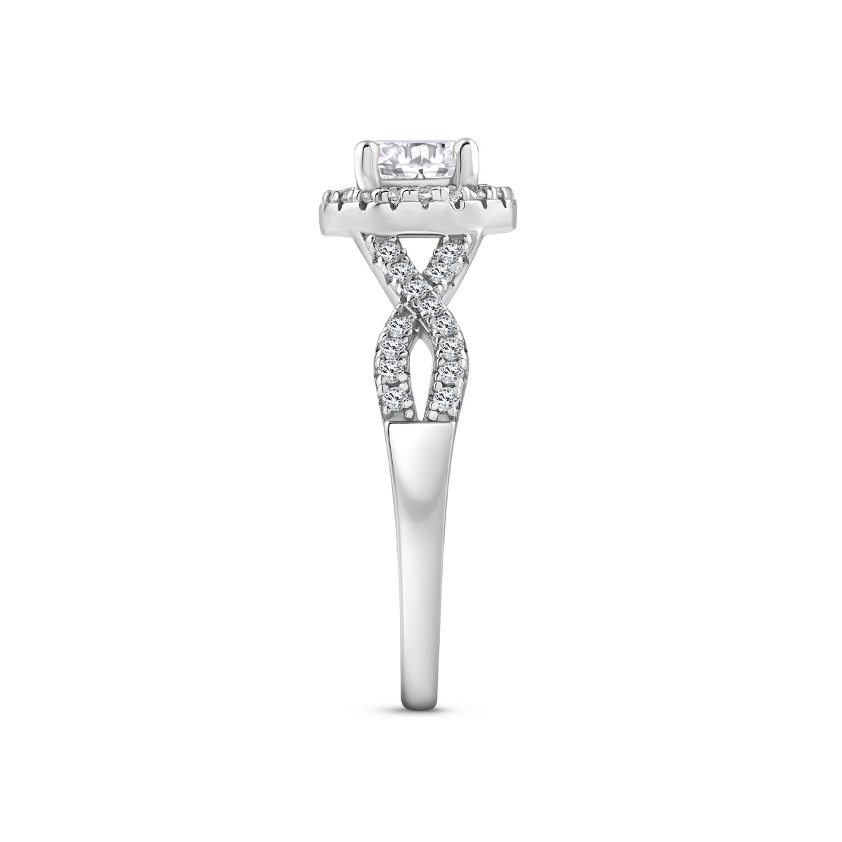 silver 1.5 carat round cut halo vintage inspired engagement ring on a white background