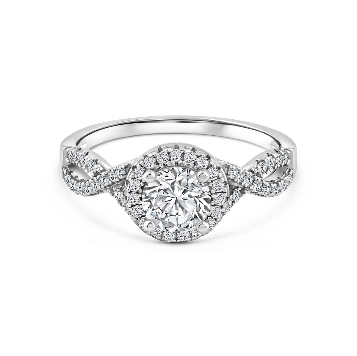 silver 1.5 carat round cut halo vintage inspired engagement ring on a white background