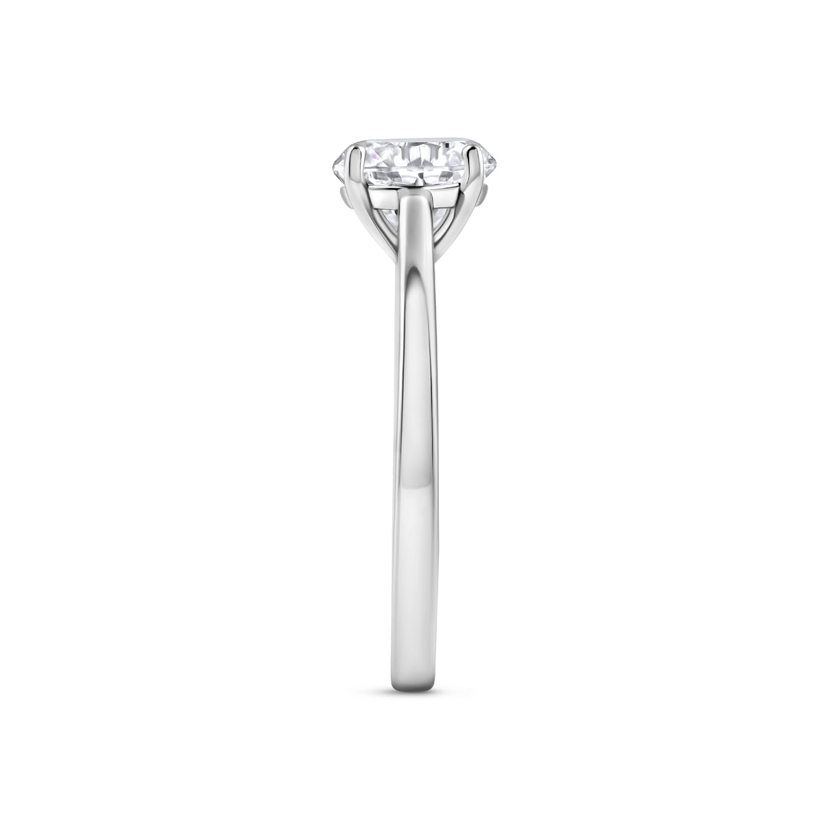 silver 2 carat round cut solitaire engagement ring on white background