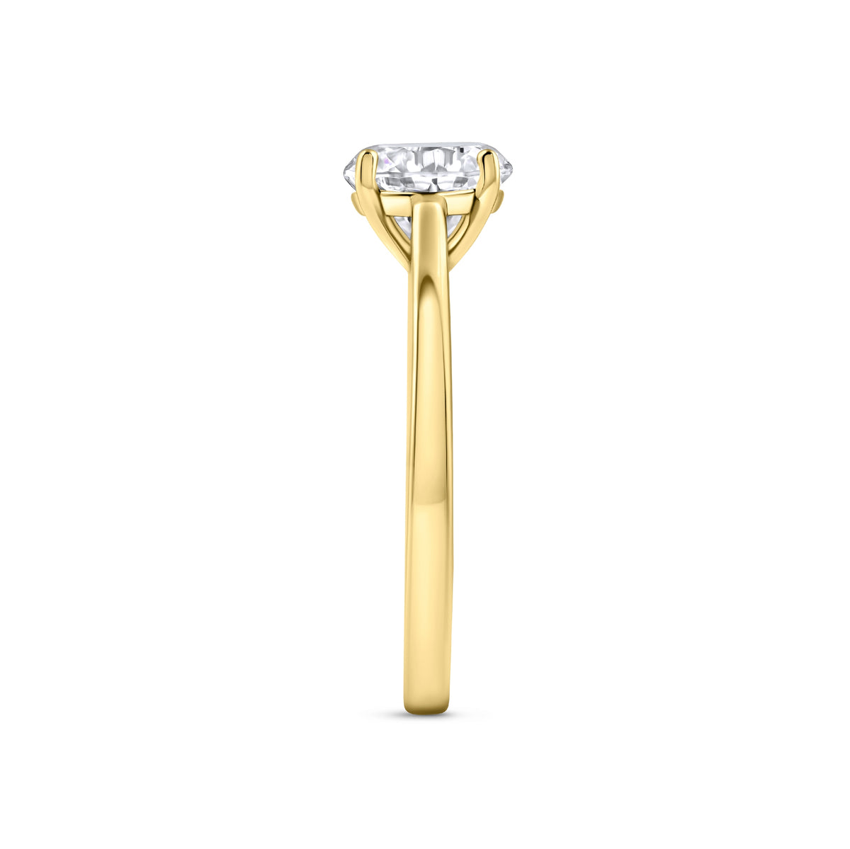 gold 2 carat round cut solitaire engagement ring on white background