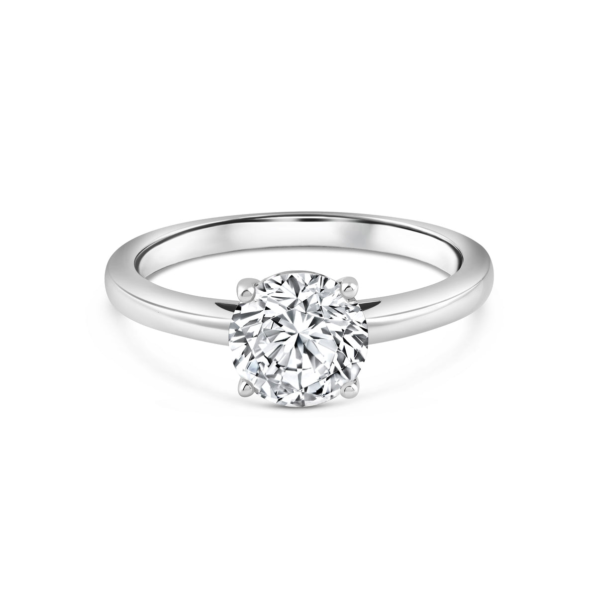 silver 2 carat round cut solitaire engagement ring on white background
