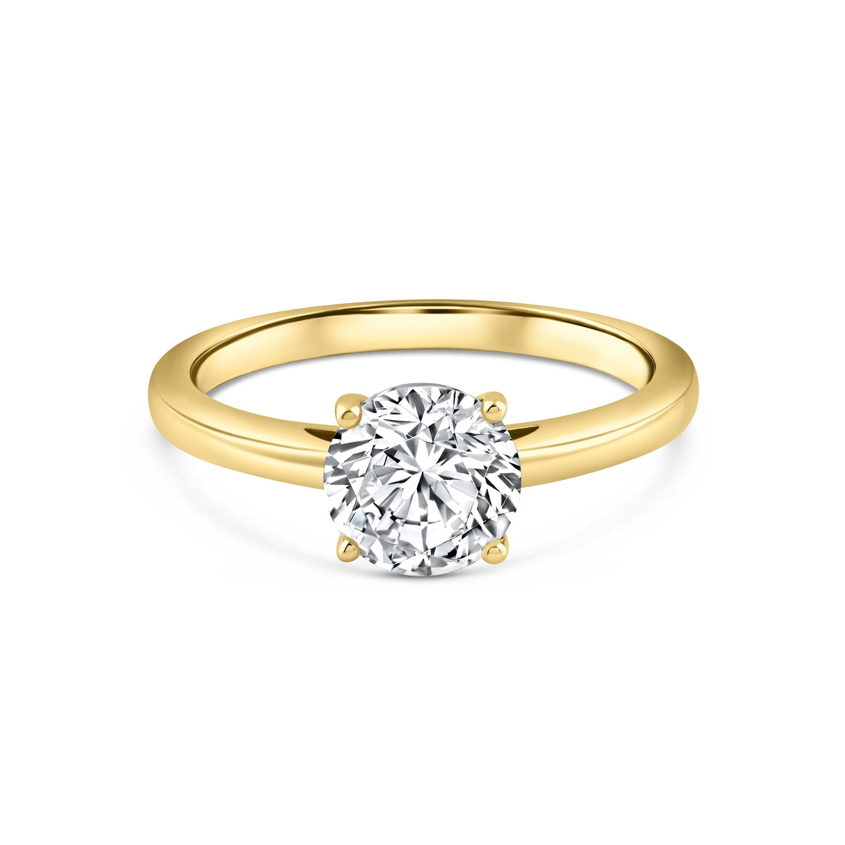 gold 2 carat round cut solitaire engagement ring on white background