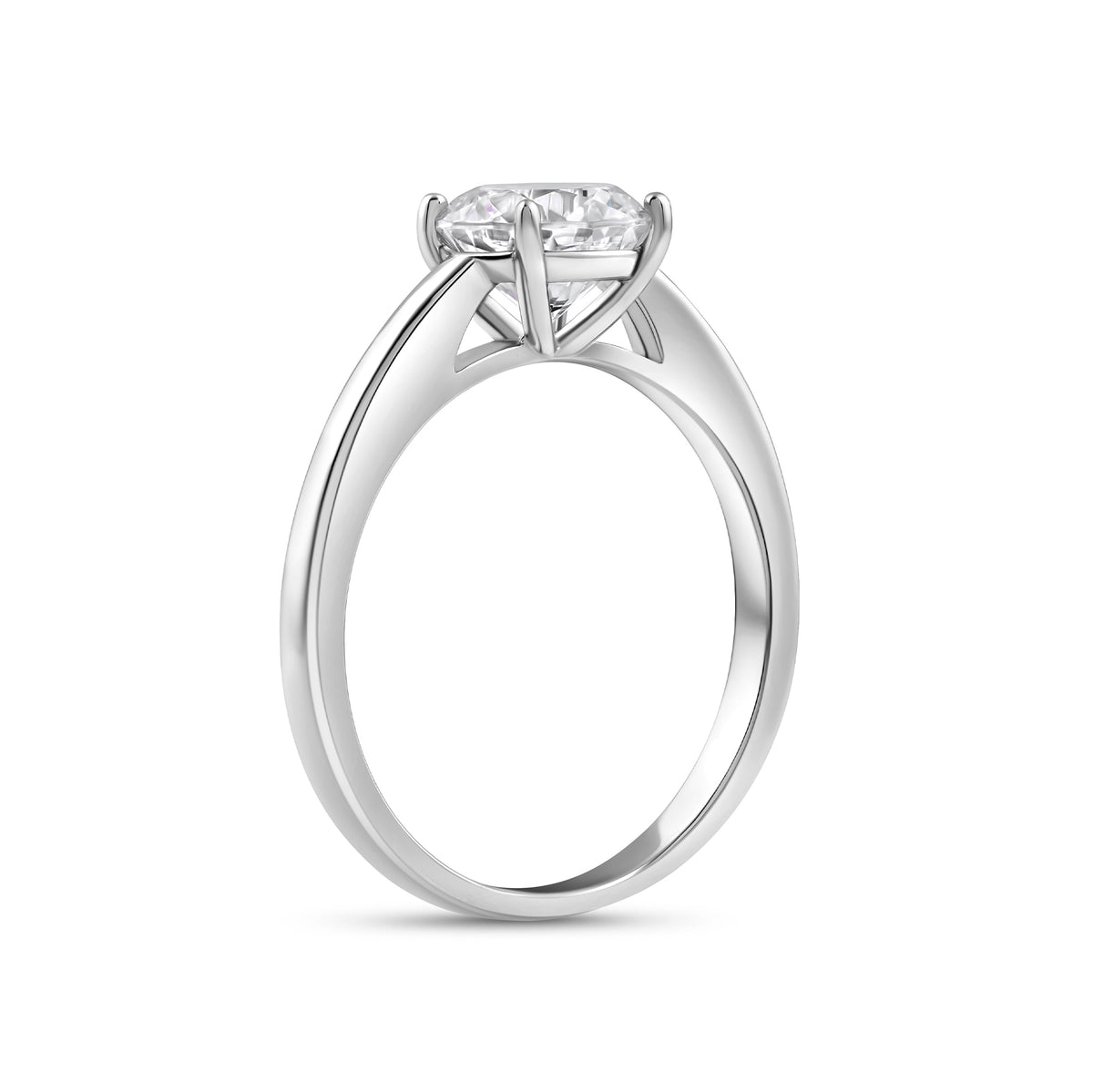 silver 2 carat round cut solitaire engagement ring on white background