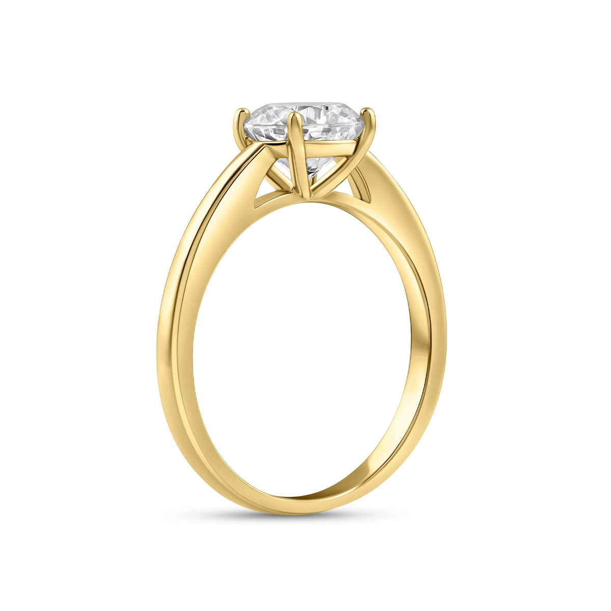 gold 2 carat round cut solitaire engagement ring on white background