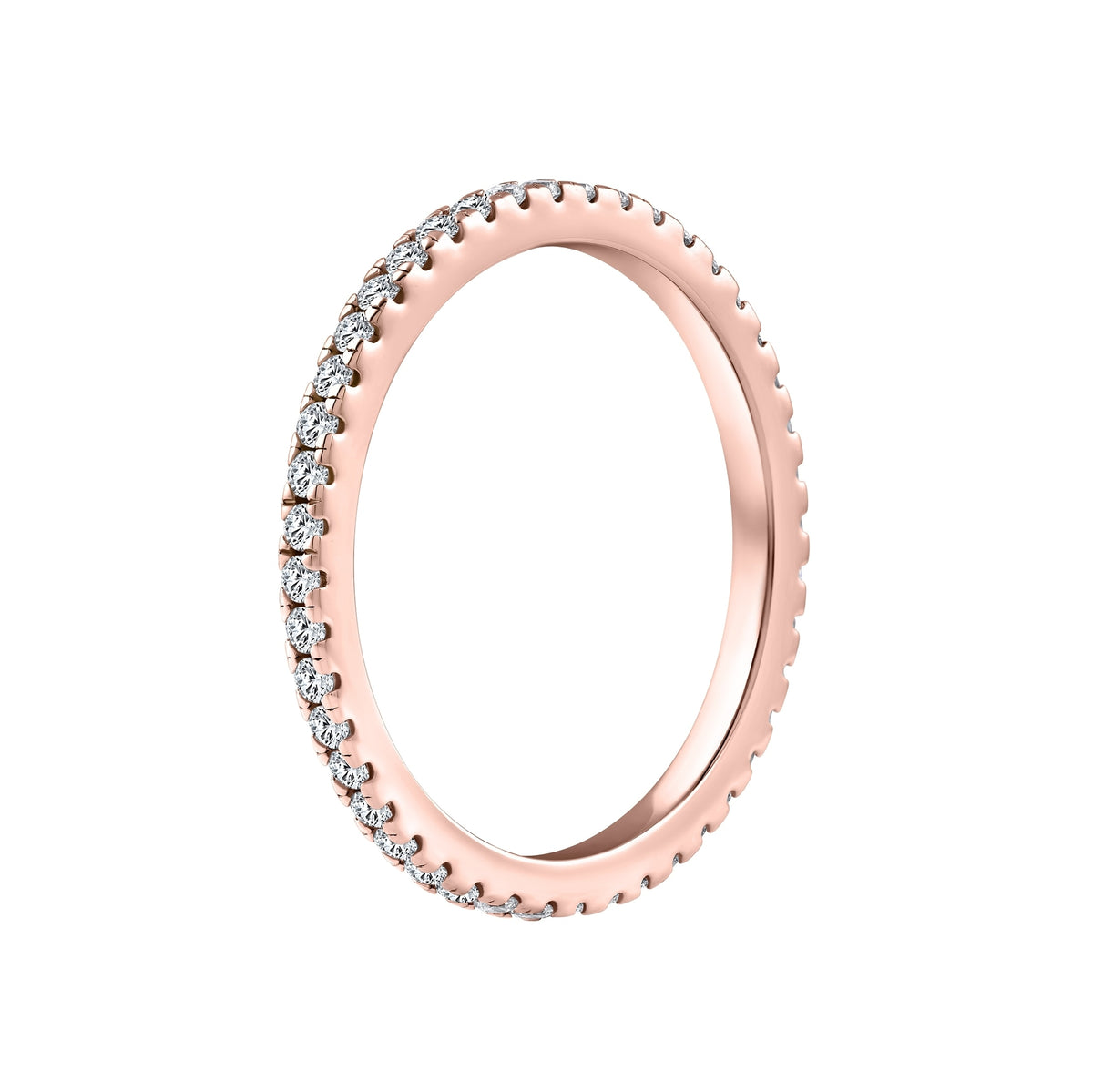 925 sterling silver eternity wedding band  plated in 18k rose gold on a white background