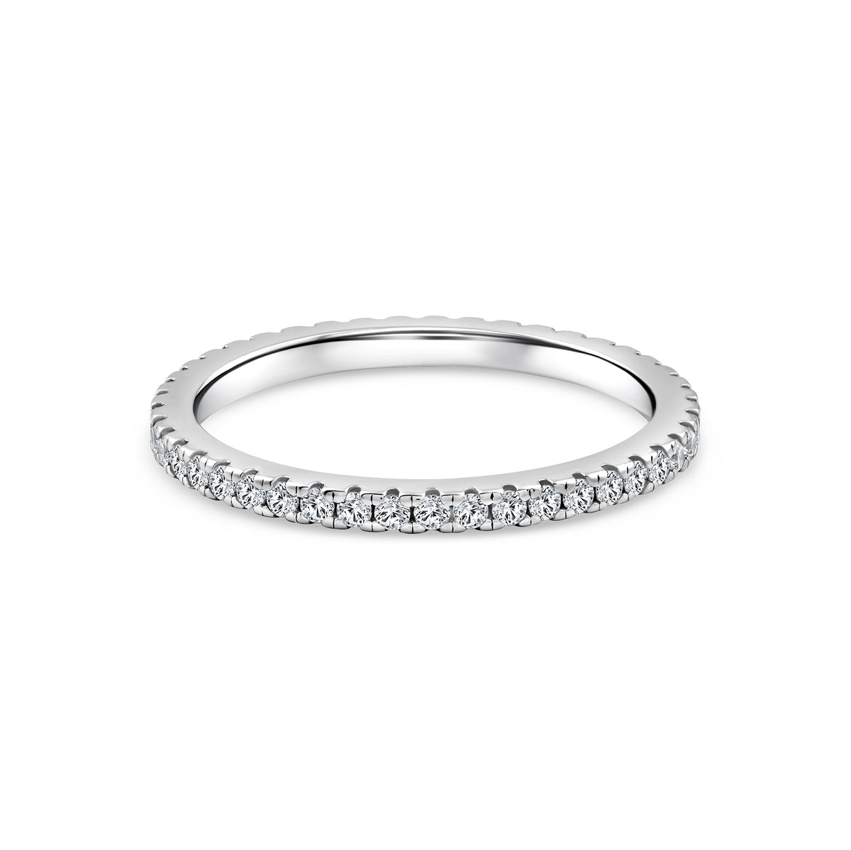 925 sterling silver eternity wedding band on a white background