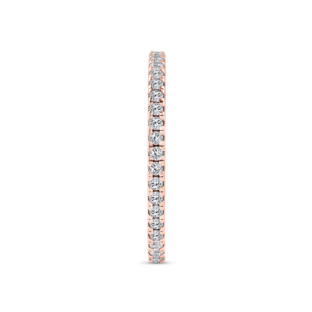 925 sterling silver eternity wedding band  plated in 18k rose gold on a white background