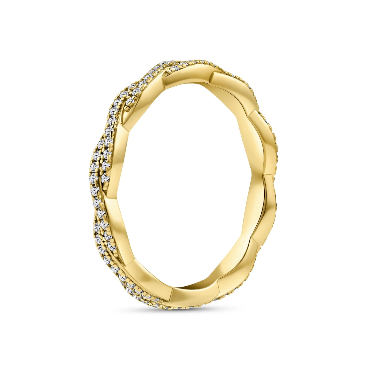 gold eternity wedding band with a vintage inspired twisting pavé detail on a white background