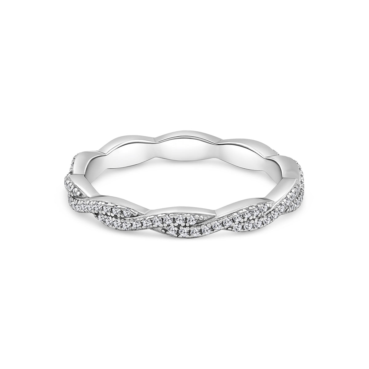 silver eternity wedding band with a vintage inspired twisting pavé detail on a white background