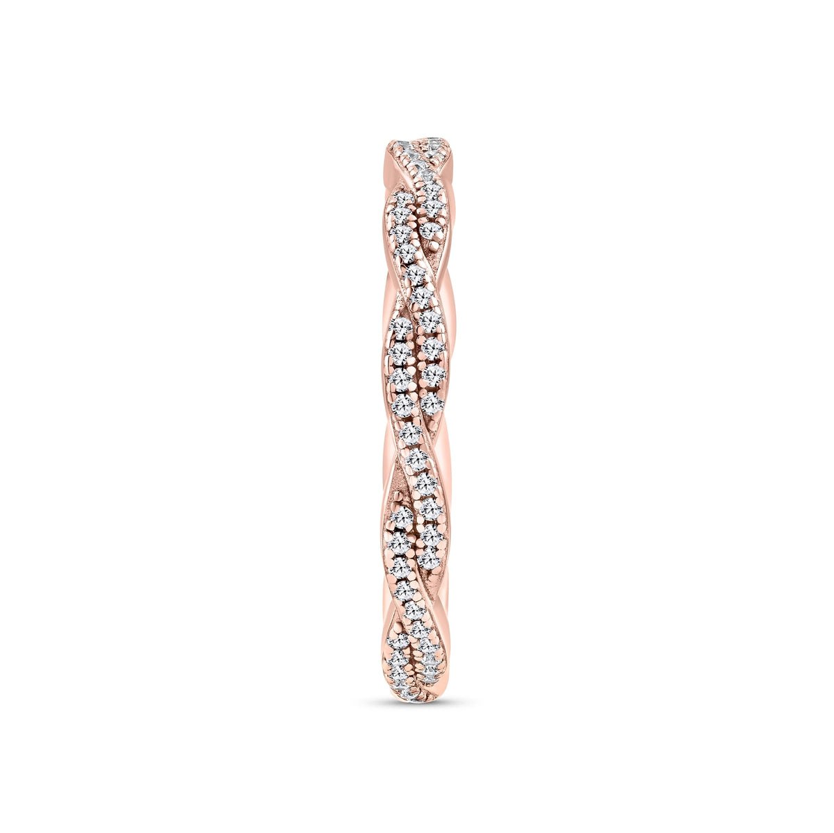 rose gold eternity wedding band with a vintage inspired twisting pavé detail on a white background