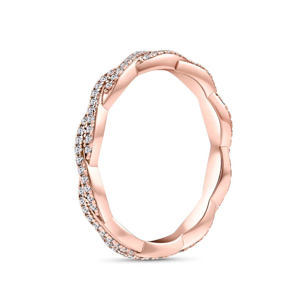 rose gold eternity wedding band with a vintage inspired twisting pavé detail on a white background