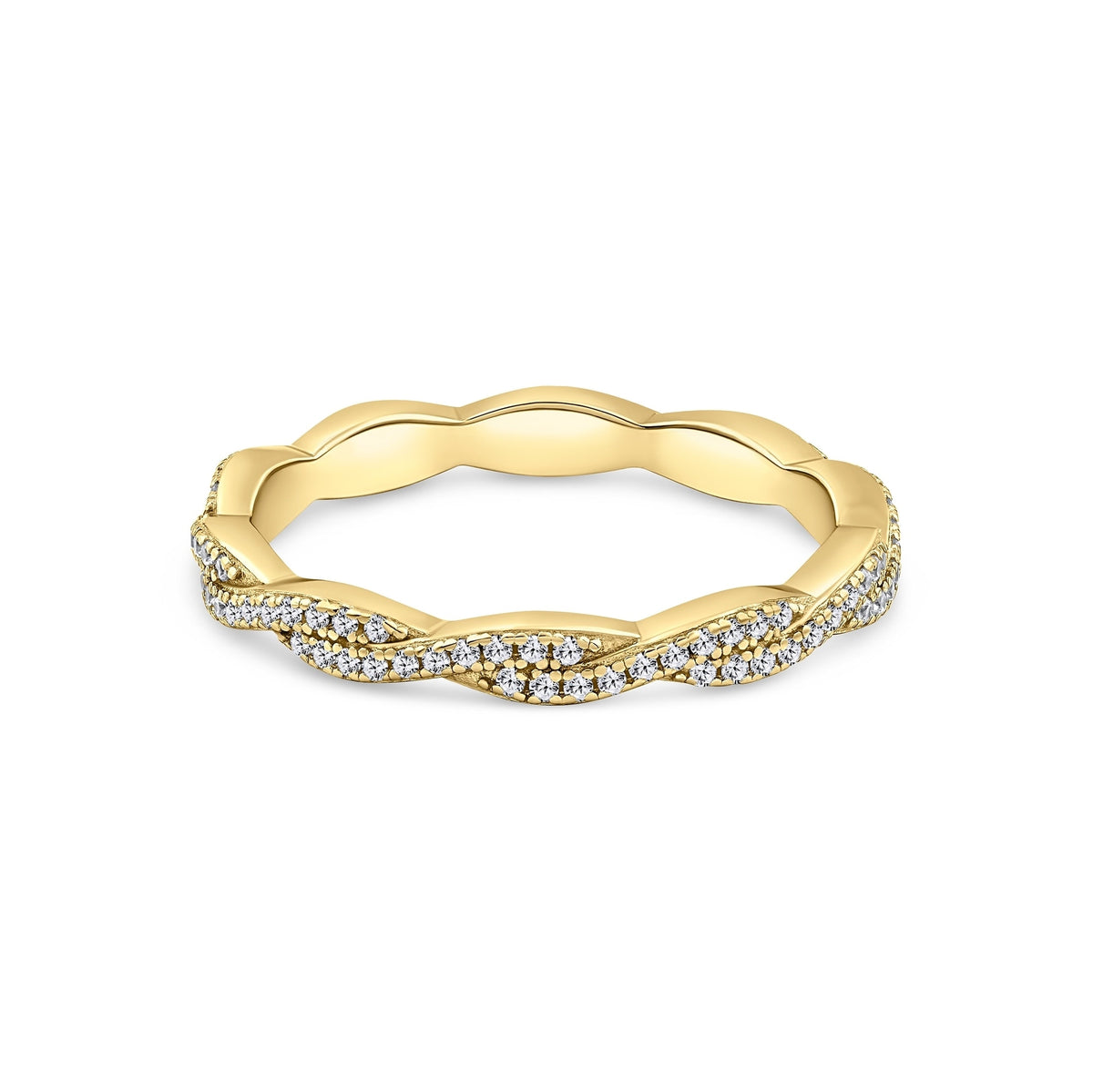 gold eternity wedding band with a vintage inspired twisting pavé detail on a white background