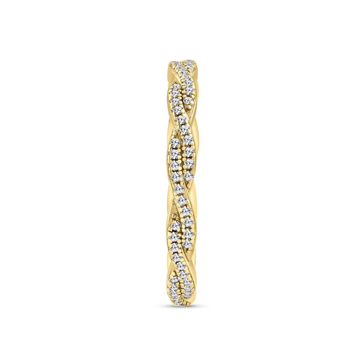 gold eternity wedding band with a vintage inspired twisting pavé detail on a white background