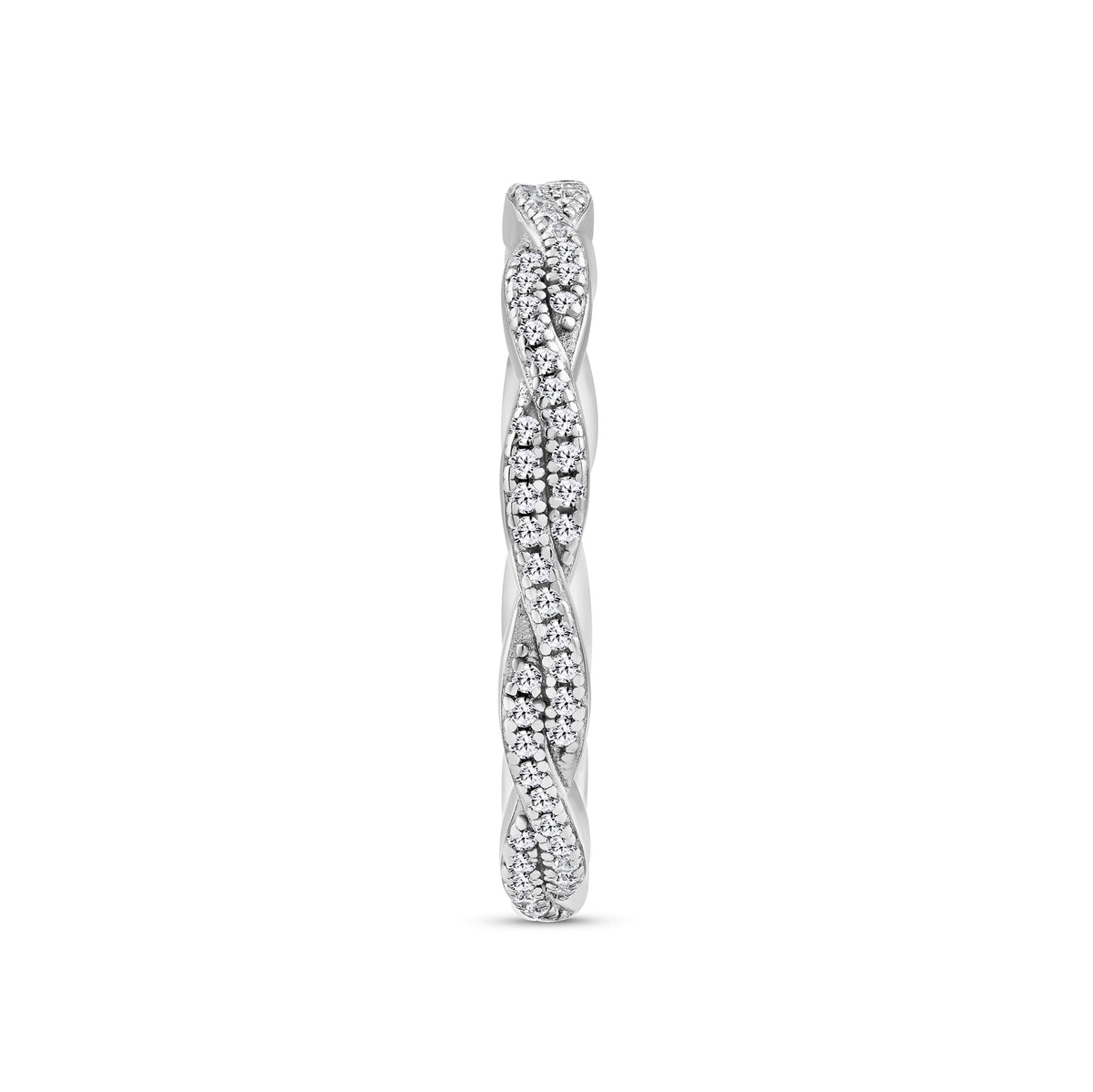 silver eternity wedding band with a vintage inspired twisting pavé detail on a white background