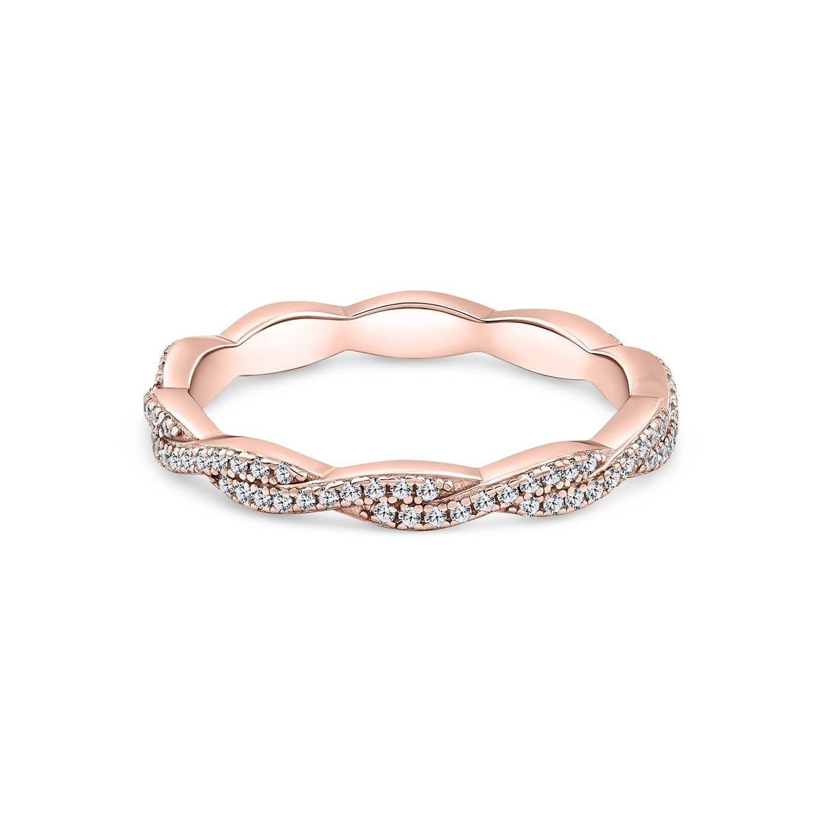 rose gold eternity wedding band with a vintage inspired twisting pavé detail on a white background