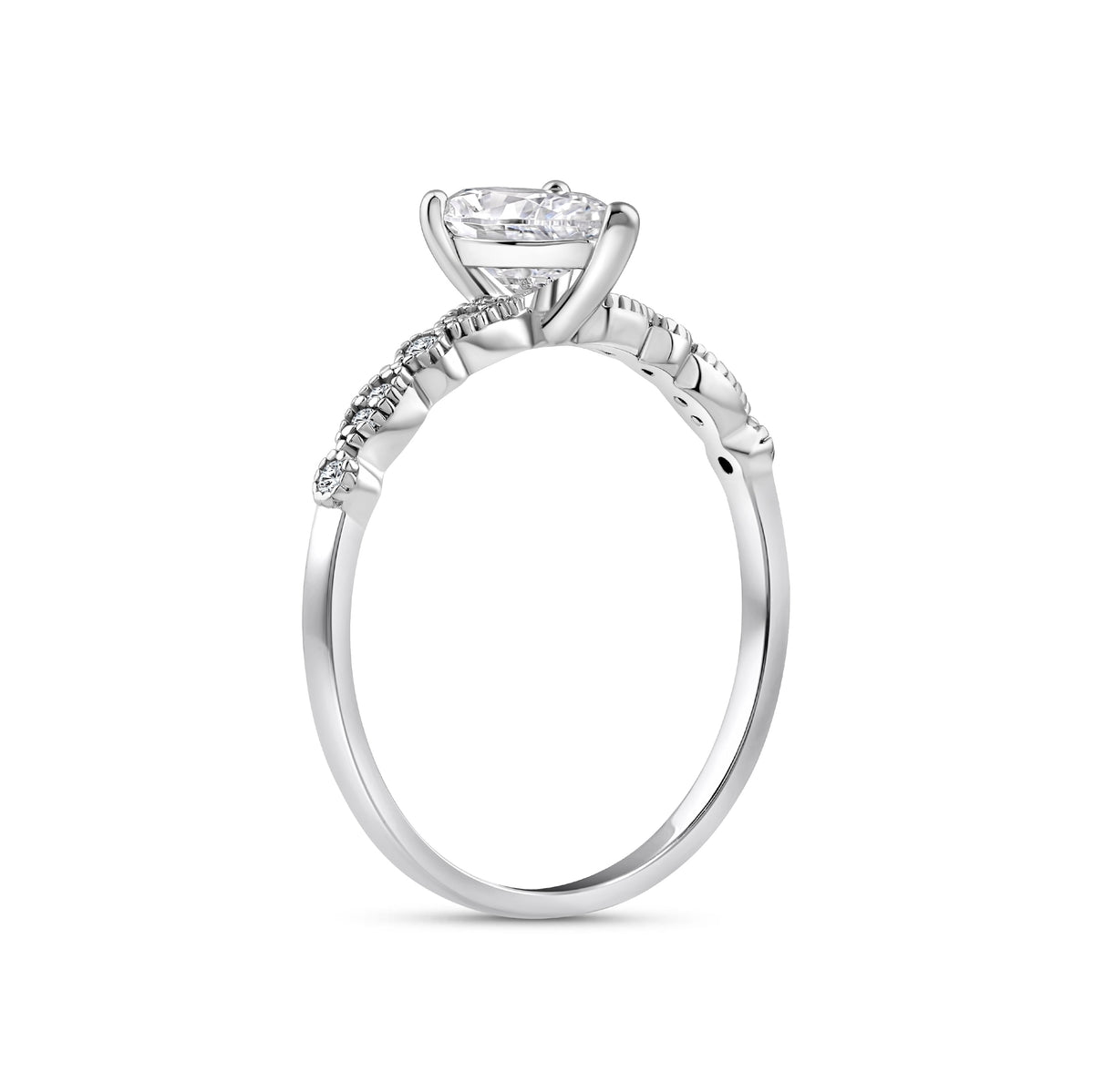 silver 1.5 carat pear cut vintage inspired engagement ring on a white background